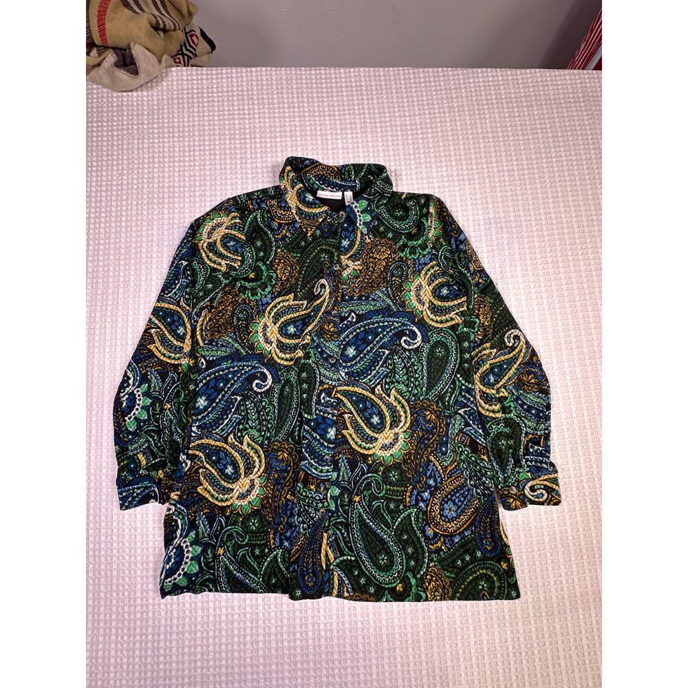 Susan Graver Paisley Top Womens L Boho Baroque Print Long Sleeve Stretch Knit